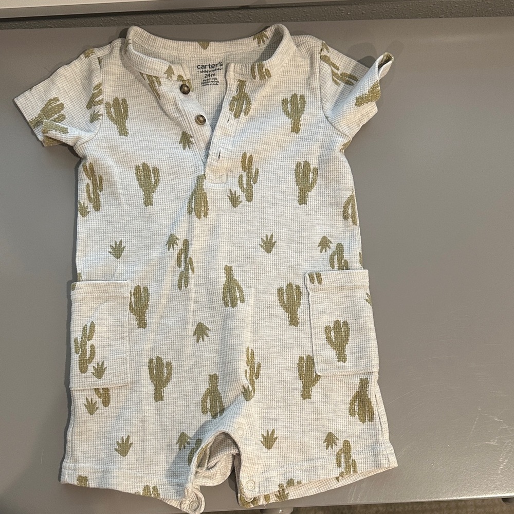 Carter's Cream Waffle-Knit Romper with Sage Cactus Print